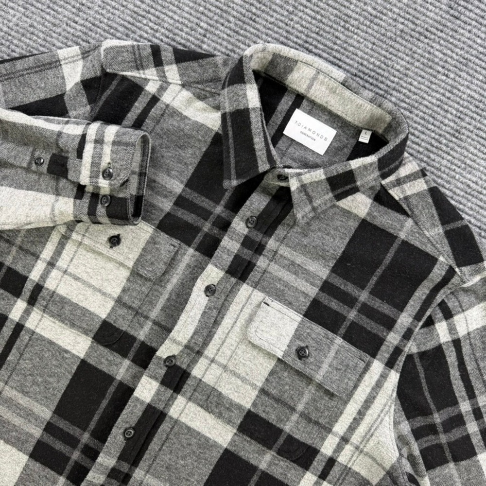 7 Diamonds Generation Plaid Flannel Shirt Mens Large Long Sleeve Black Grey Warm